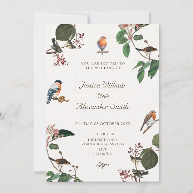 Invitation Feuilles de succursale mariage d'oiseaux (Devant)