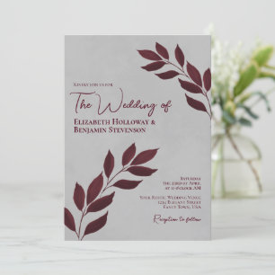 Invitation Feuilles désireux Elégant Bourgogne & Mariage gris