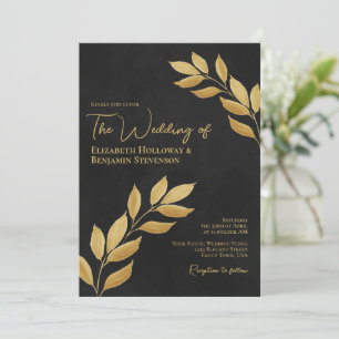 Invitation Feuilles désireux Elegant Chic Black & Gold Mariag