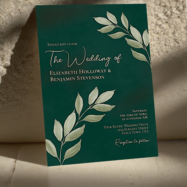 Invitation Feuilles désireux Élégant Chic Mariage vert émerau (Créateur téléchargé)