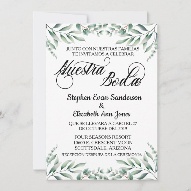 Invitation Feuilles d'eucalyptus de mariage espagnol Nuestra  (Devant)