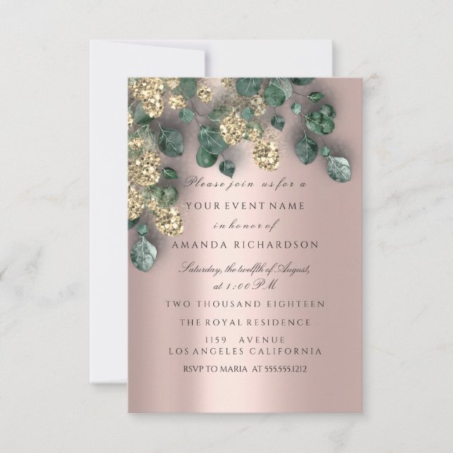 Invitation Feuilles d'eucalyptus Rose Gold Glitter  Feuilles  (Devant)