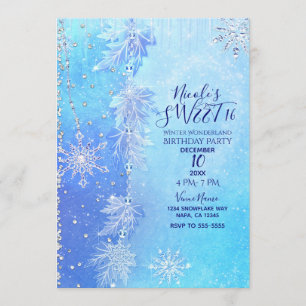 Invitation Feuilles d'hiver bleues et flocons de neige Fête d