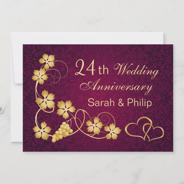 Invitation Feuilles d'or, coeur 24e anniversaire de Mariage (Devant)