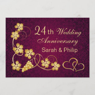 Invitation Feuilles d'or, cœurs 24e anniversaire de mariage