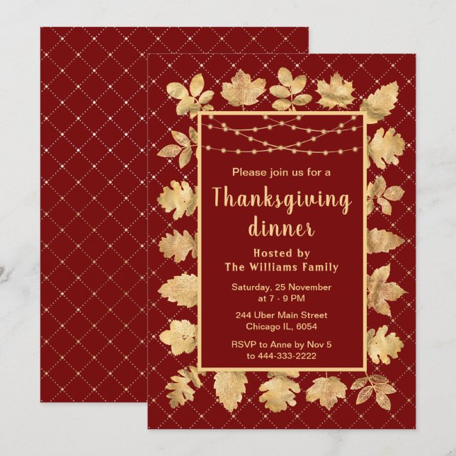Invitation Feuilles d'or d'automne Thanksgiving Dîner rouge (Devant / Derrière)
