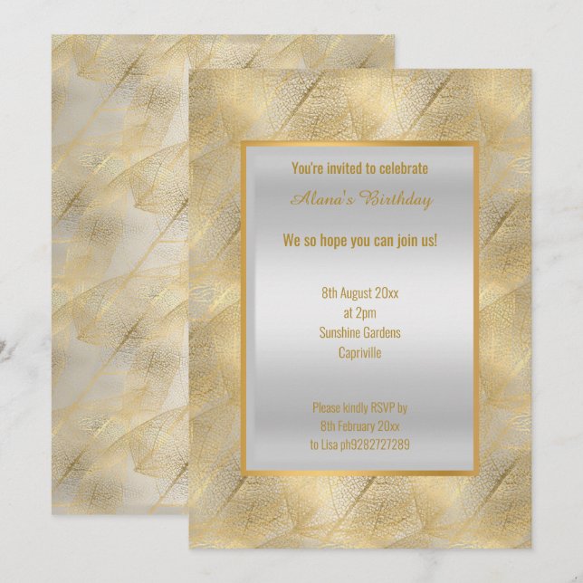 INVITATION FEUILLES D'OR ÉLÉGANTES MODERNES NOIR TOUTE OCCASI (Devant / Derrière)
