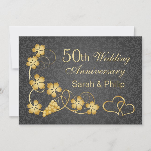 Invitation Feuilles d'or et cœurs unis 50e Anniversaire (Devant)