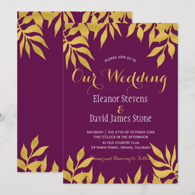 Invitation Feuilles d'or Mulberry à la mode mariage (Devant / Derrière)
