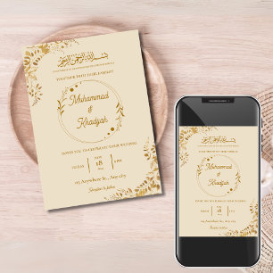 Invitation Feuilles d'or Ornat Mariage musulman Nikah Walima