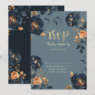 Invitation Feuilles d'or RSVP Marine Blue Flowers