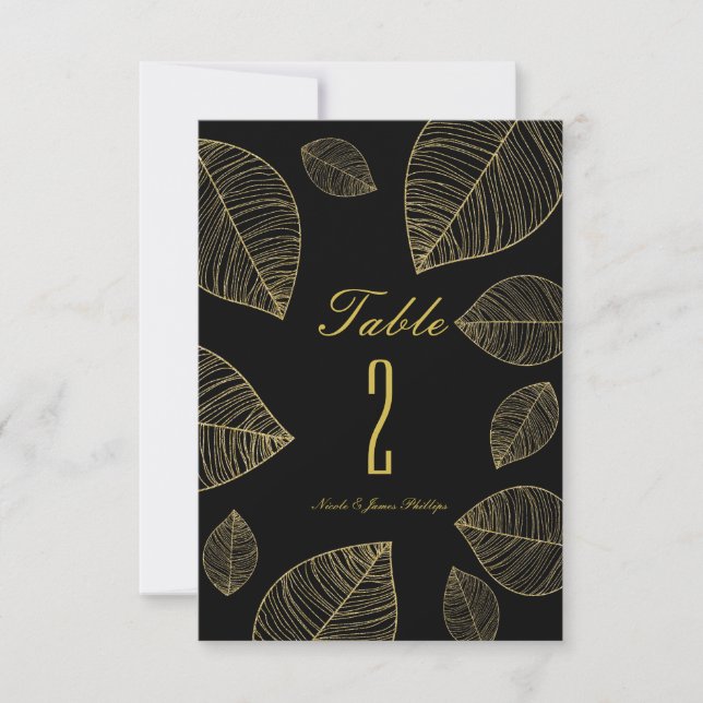 Invitation Feuilles d'or sur Black Elegant Wedding Numéro de  (Devant)