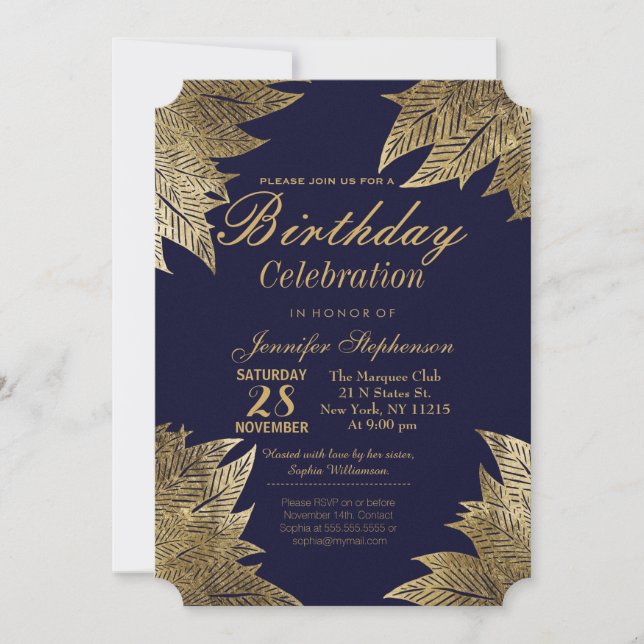 Invitation Feuilles d'or sur l'invitation de Navy Blue Birthd (Devant)