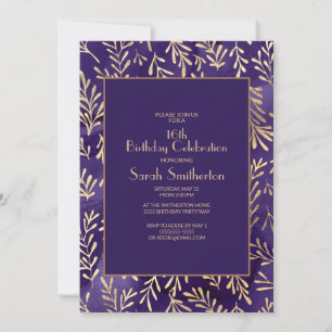 Invitation Feuilles d'or violet élégant 16e anniversaire