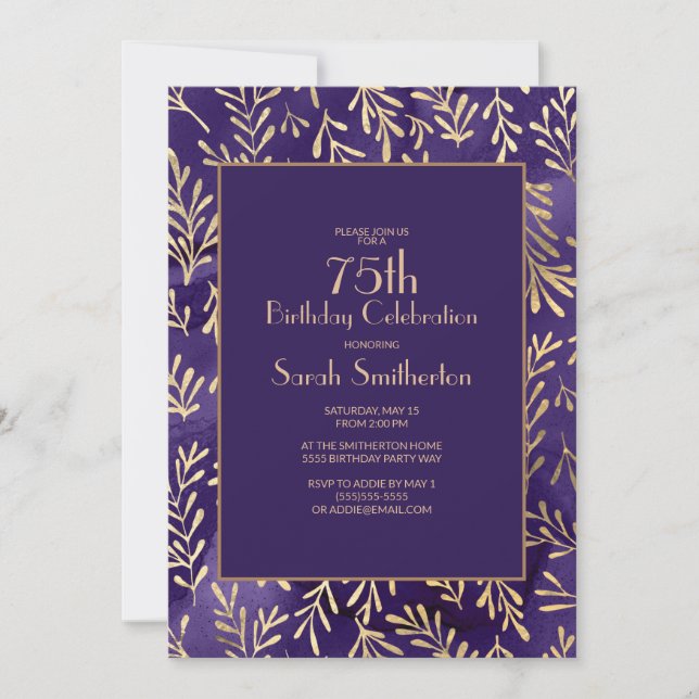 Invitation Feuilles d'or violet élégant 75e anniversaire (Devant)