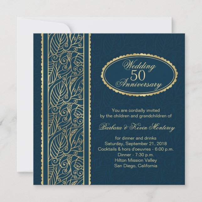 Invitation Feuilles dorées pour les 50 ans de mariage bleu (Devant)
