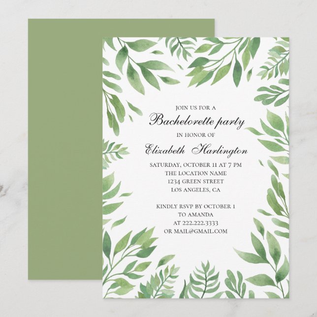 Invitation Feuilles du jardin botanique. Bachelorte d'été (Devant / Derrière)