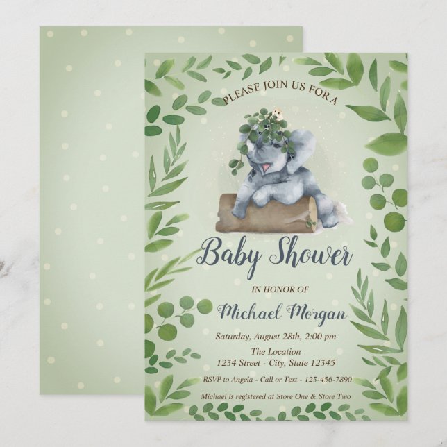Invitation Feuilles Eléphants mignons, Baby shower de points (Devant / Derrière)