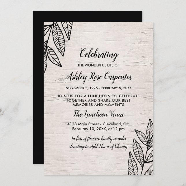 Invitation Feuilles et Birch - Célébration de la vie (Devant / Derrière)