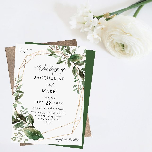 Invitation Feuilles & Eucalyptus Mariage or - Vert (Créateur téléchargé)