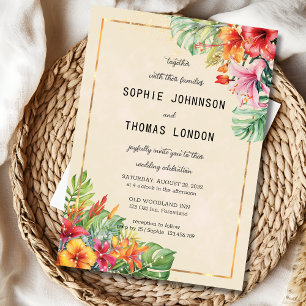 Invitation Feuilles exotiques et fleurs mariage aquarelle