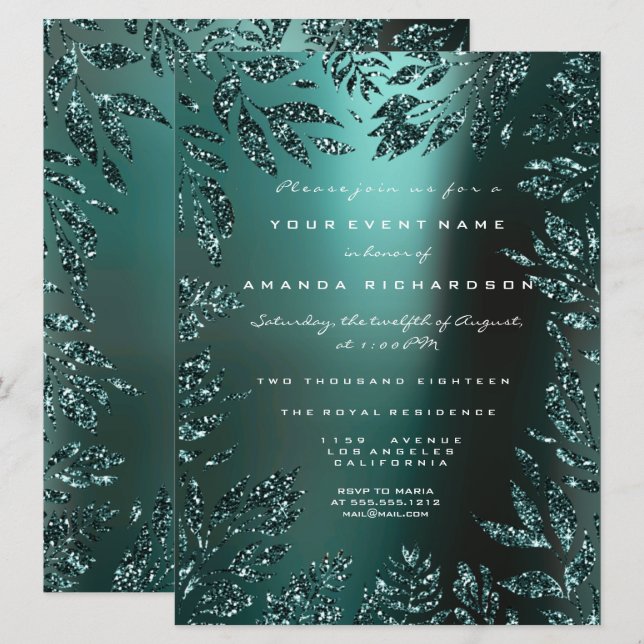 Invitation Feuilles florales Parties scintillant encadrée Tur (Devant / Derrière)