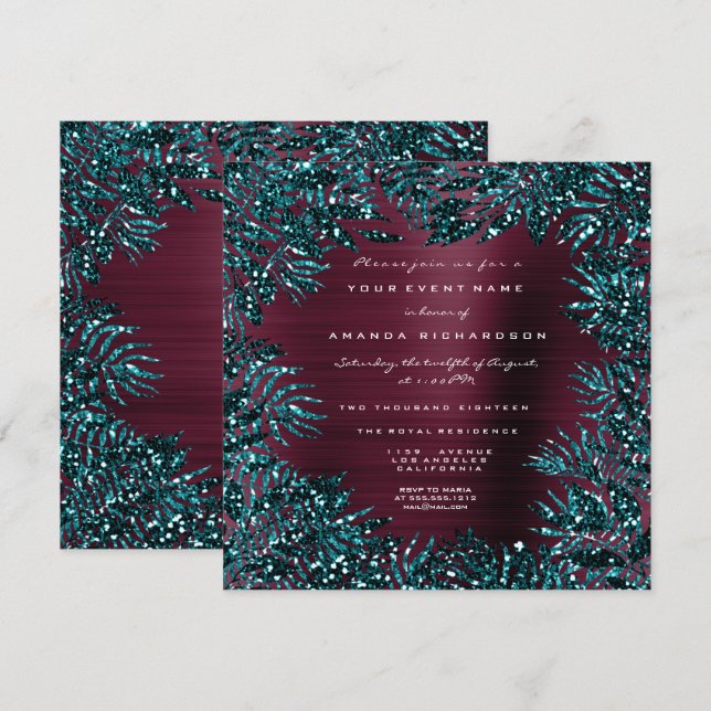 Invitation Feuilles Florales Tropicales Cadre Paillettes Bleu (Devant / Derrière)