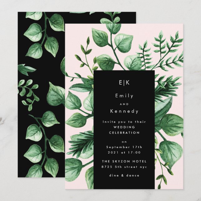 Invitation Feuilles fraîches de verdure Mariage rose noir mod (Devant / Derrière)