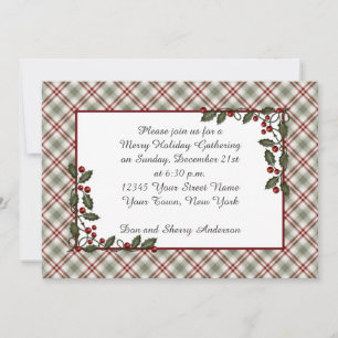 Invitation Feuilles Red Green Plaid Holly Berries