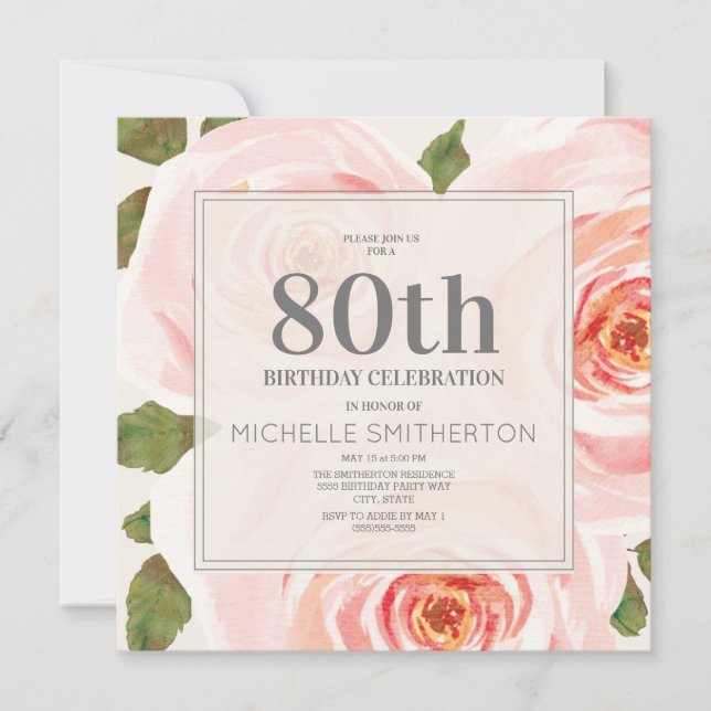 Invitation Feuilles rose pâle 80e anniversaire Femmes (Devant)