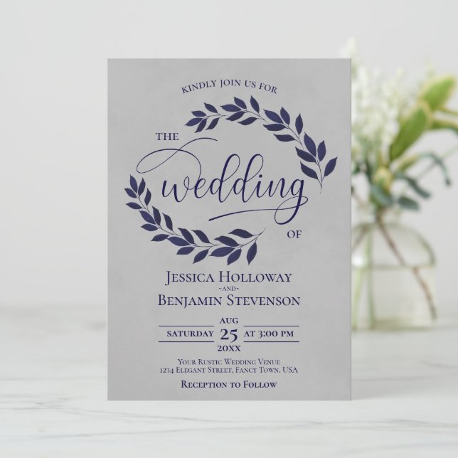 Invitation Feuilles russes bleu marine Élégant Mariage gris (Debout devant)
