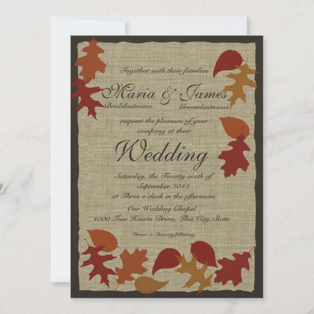 Invitation Feuilles rustiques et Mariage Burlap (Devant)