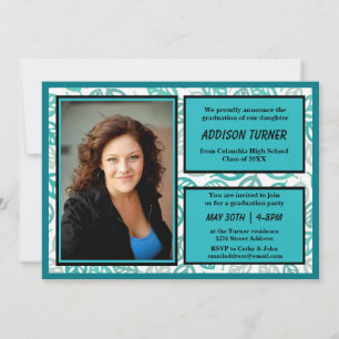 Invitation Feuilles sarcelle et grises avec photo - Annonce d