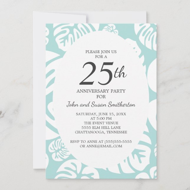 Invitation Feuilles Tropicales Blanches Bleu Clair 25e Annive (Devant)