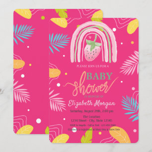 Invitation Feuilles Tropicales de Fraise Rose Baby Shower