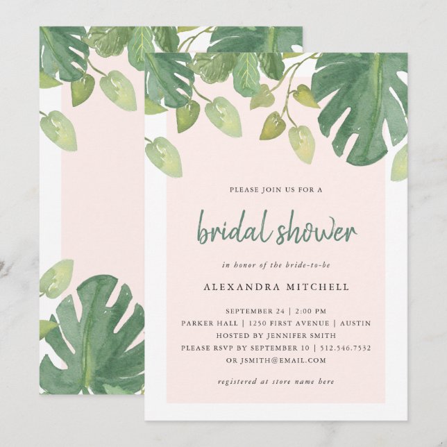 Invitation Feuilles tropicaux| Blush et Green Fête de l'marié (Devant / Derrière)