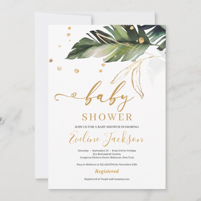 Invitation Feuilles tropicaux d'été et baby shower fille or (Devant)