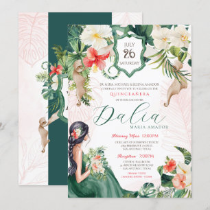Invitation Feuilles tropicaux Emerald Green Floral Quinceaner