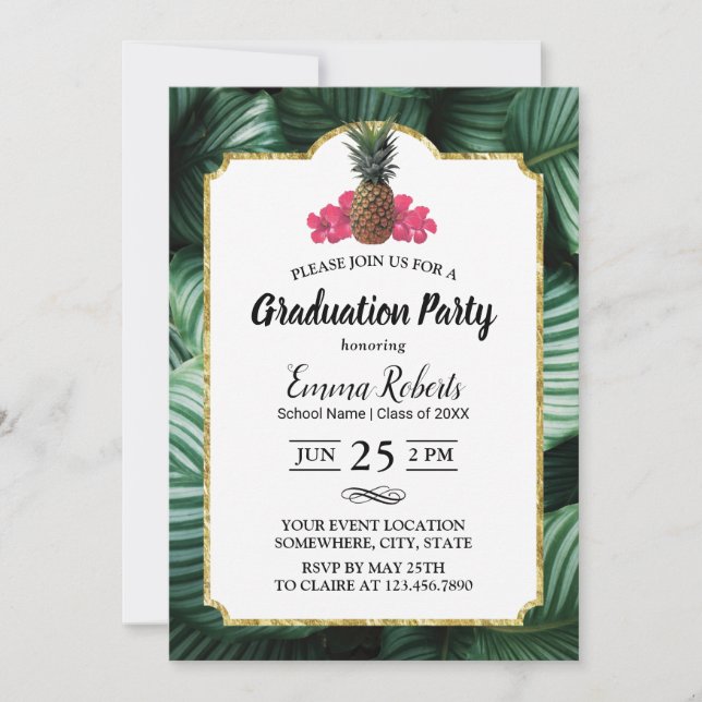 Invitation Feuilles tropicaux et ananas Luau Graduation (Devant)