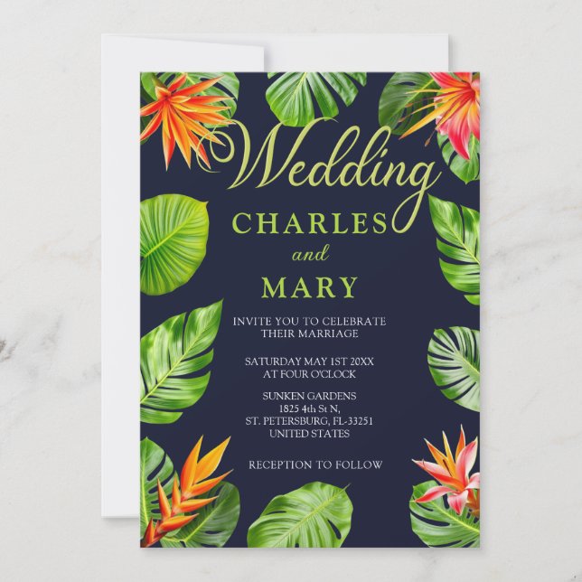 Invitation Feuilles tropicaux et fleurs Mariage rétro (Devant)