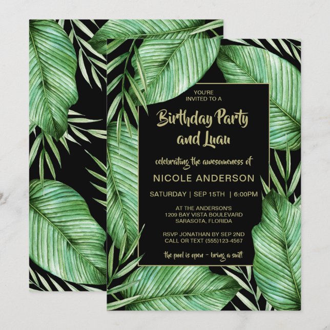 Invitation Feuilles tropicaux fête d'anniversaire Luau Invita (Devant / Derrière)