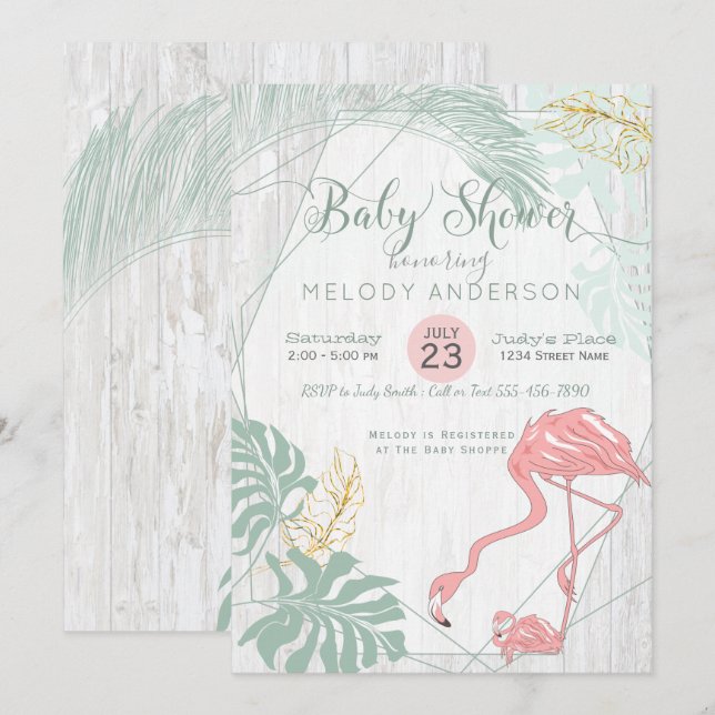 Invitation Feuilles tropicaux modernes Baby shower Flamant ro (Devant / Derrière)