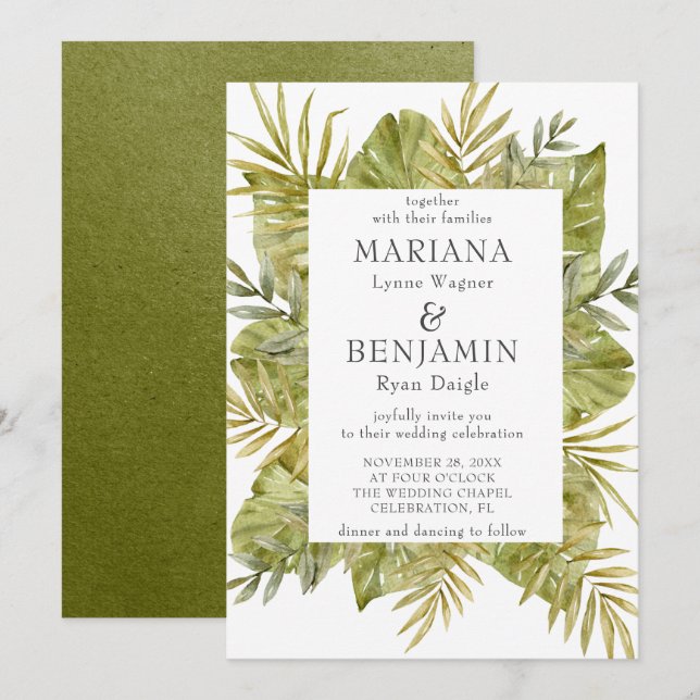 Invitation Feuilles tropicaux modernes Sage Green (Devant / Derrière)
