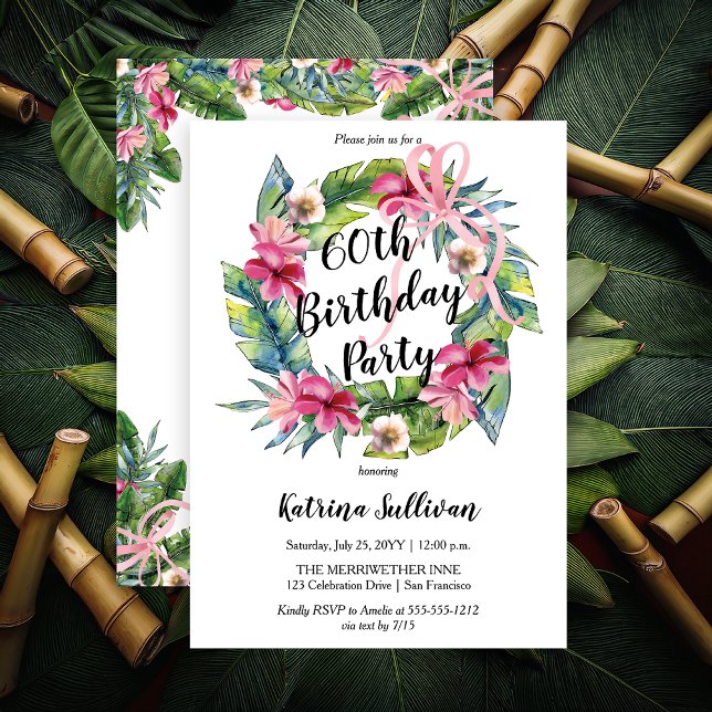 Invitation Feuilles tropicaux | Pink Floral 60th Birthday Par (Boho Pink Hibiscus and Tropical Leaves with Pink Coquette Bow 60th Birthday Party Invitation)