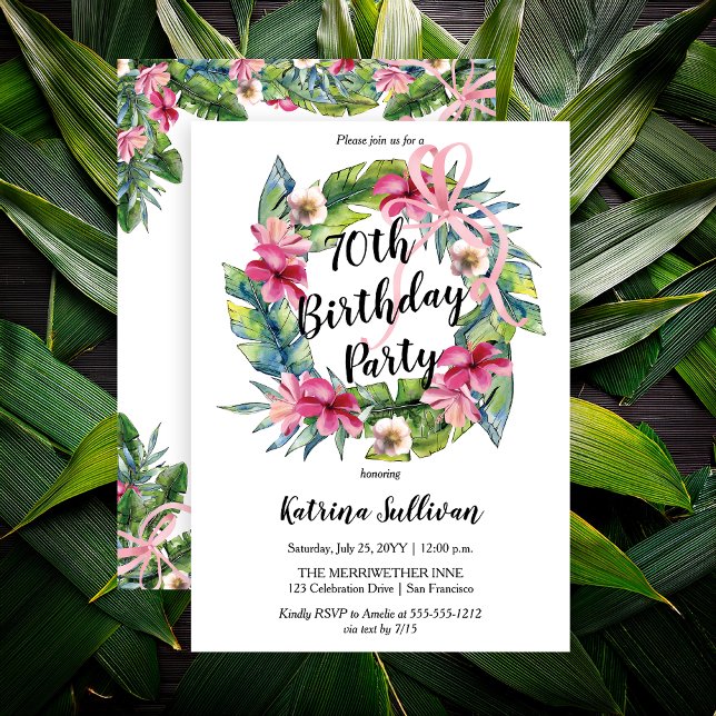 Invitation Feuilles tropicaux | Pink Floral 70th Birthday Par (Boho Pink Hibiscus and Tropical Leaves with Pink Coquette Bow 70th Birthday Party Invitation)