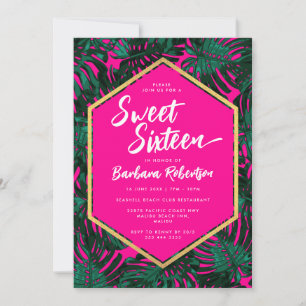 Invitation Feuilles tropicaux Sweet sixteen vert rose chaud