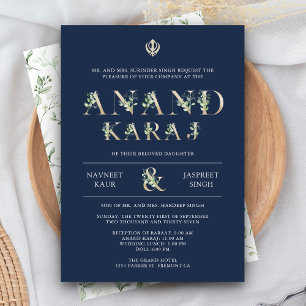 Invitation Feuilles Typographie Bleu Anand Karaj Mariage Sikh