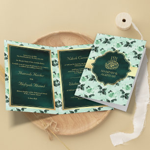 Invitation Feuilles vert émeraude et roses à la menthe Mariag