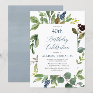 Invitation Feuilles vert verdoyant bleu poussiéreux anniversa