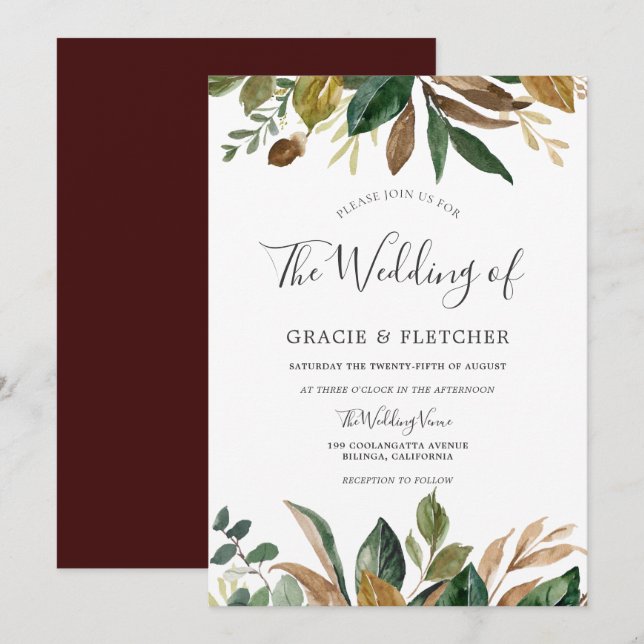 Invitation Feuilles vertes Bourgogne automne Feuilles Mariage (Devant / Derrière)